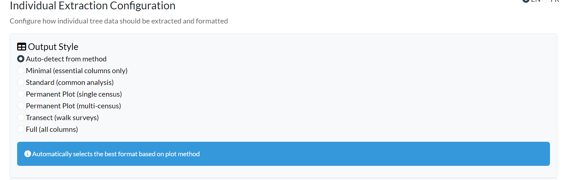 Panneau de configuration d’extraction