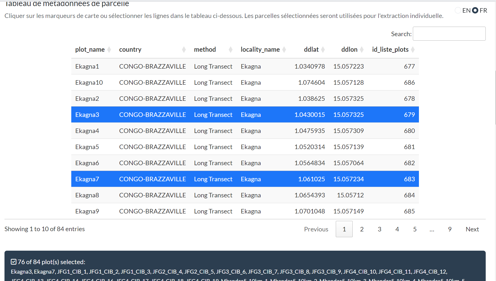 Parcelles sélectionnées en surbrillance